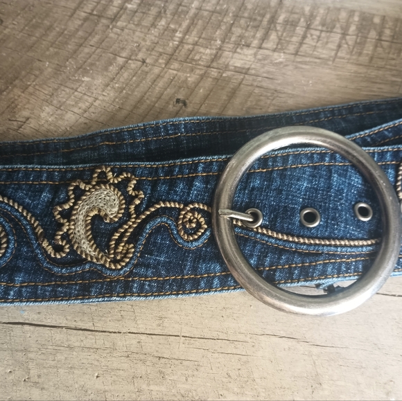 Womens Y2K Chunky Embroidered Denim Belt Boho Western Cowgirl Fairy Grunge - Picture 2 of 7